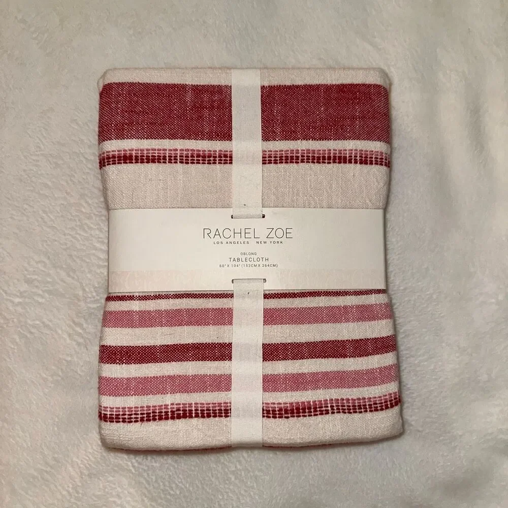 Rachel Zoe Tablecloth Oblong 60 x 104” Red White Pink Stripes 100% Cotton NWT
